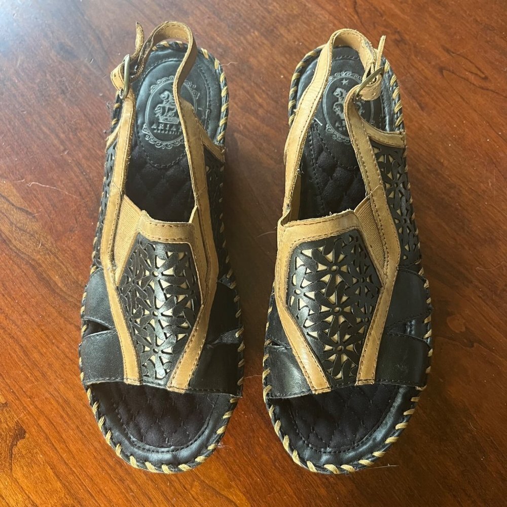 Ariat Black and Tan Laser-Cut Leather Slingback Sandals
